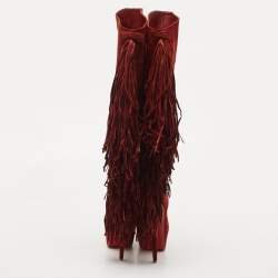 مملوكة مسبقًا Christian Louboutin Dark Red Suede Interlopa Fringe Details Platform Knee Length Boots Size 39