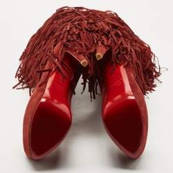 مملوكة مسبقًا Christian Louboutin Dark Red Suede Interlopa Fringe Details Platform Knee Length Boots Size 39