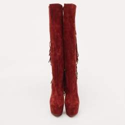 مملوكة مسبقًا Christian Louboutin Dark Red Suede Interlopa Fringe Details Platform Knee Length Boots Size 39