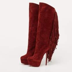 مملوكة مسبقًا Christian Louboutin Dark Red Suede Interlopa Fringe Details Platform Knee Length Boots Size 39