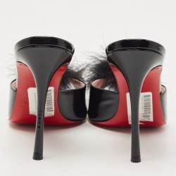 Pre Owned Christian Louboutin Black Patent Leather and Fur Slide Sandals Size 39.5