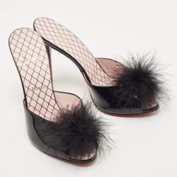 Pre Owned Christian Louboutin Black Patent Leather and Fur Slide Sandals Size 39.5