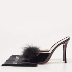 Pre Owned Christian Louboutin Black Patent Leather and Fur Slide Sandals Size 39.5