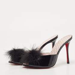Pre Owned Christian Louboutin Black Patent Leather and Fur Slide Sandals Size 39.5