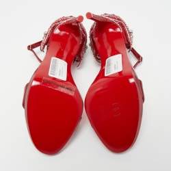 Pre Owned Christian Louboutin Red Patent Leather Loubi Vega Crystal Embellished Ankle Strap Sandals Size 37.5