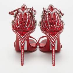 Pre Owned Christian Louboutin Red Patent Leather Loubi Vega Crystal Embellished Ankle Strap Sandals Size 37.5