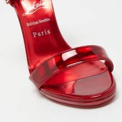 Pre Owned Christian Louboutin Red Patent Leather Loubi Vega Crystal Embellished Ankle Strap Sandals Size 37.5
