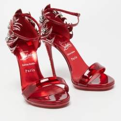 Pre Owned Christian Louboutin Red Patent Leather Loubi Vega Crystal Embellished Ankle Strap Sandals Size 37.5