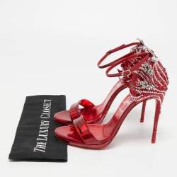 Pre Owned Christian Louboutin Red Patent Leather Loubi Vega Crystal Embellished Ankle Strap Sandals Size 37.5