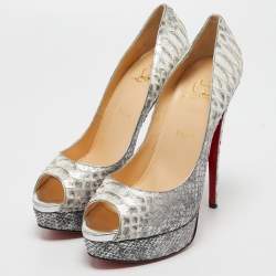 Pre Owned Christian Louboutin Grey/Silver Python Lady Peep Pumps Size 40