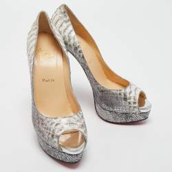 Pre Owned Christian Louboutin Grey/Silver Python Lady Peep Pumps Size 40