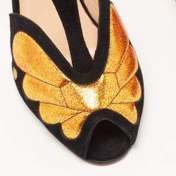 Pre Owned Christian Louboutin Black/Gold Suede Peep Toe Ankle Strap Sandals Size 36
