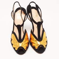 Pre Owned Christian Louboutin Black/Gold Suede Peep Toe Ankle Strap Sandals Size 36