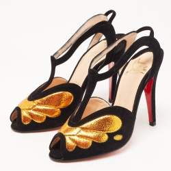 Pre Owned Christian Louboutin Black/Gold Suede Peep Toe Ankle Strap Sandals Size 36