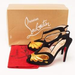 Pre Owned Christian Louboutin Black/Gold Suede Peep Toe Ankle Strap Sandals Size 36