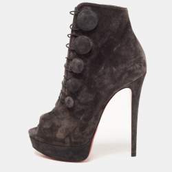 Pre Owned Christian Louboutin Grey Suede Peep Toe Platform Ankle Booties Size 38