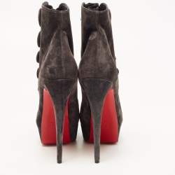 Pre Owned Christian Louboutin Grey Suede Peep Toe Platform Ankle Booties Size 38