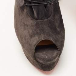 Pre Owned Christian Louboutin Grey Suede Peep Toe Platform Ankle Booties Size 38