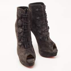 Pre Owned Christian Louboutin Grey Suede Peep Toe Platform Ankle Booties Size 38