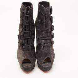 Pre Owned Christian Louboutin Grey Suede Peep Toe Platform Ankle Booties Size 38