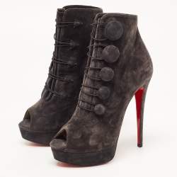 Pre Owned Christian Louboutin Grey Suede Peep Toe Platform Ankle Booties Size 38