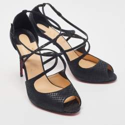 Christian Louboutin Black Embossed Snakeskin Leather Strappy Sandals Size 42