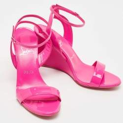 Pre Owned Christian Louboutin Pink Patent Leather Zeppa Chick 85 Wedge Ankle Strap Sandals Size 38