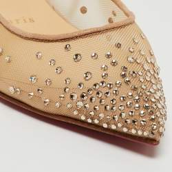 Pre Owned Christian Louboutin Beige Suede and Mesh Follies Strass Ballet Flats Size 37