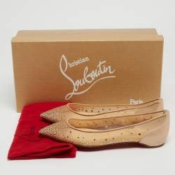 Pre Owned Christian Louboutin Beige Suede and Mesh Follies Strass Ballet Flats Size 37