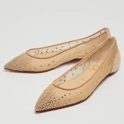 Pre Owned Christian Louboutin Beige Suede and Mesh Follies Strass Ballet Flats Size 37