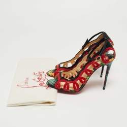 Pre Owned Christian Louboutin Red/Black Leather Houla Open Toe Ankle Strap Pumps Size 36.5