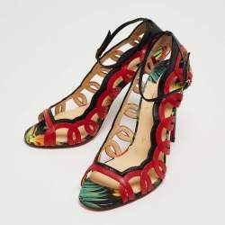 Pre Owned Christian Louboutin Red/Black Leather Houla Open Toe Ankle Strap Pumps Size 36.5