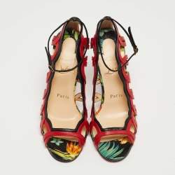 Pre Owned Christian Louboutin Red/Black Leather Houla Open Toe Ankle Strap Pumps Size 36.5