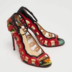 Pre Owned Christian Louboutin Red/Black Leather Houla Open Toe Ankle Strap Pumps Size 36.5