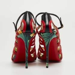 Pre Owned Christian Louboutin Red/Black Leather Houla Open Toe Ankle Strap Pumps Size 36.5