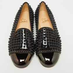 Christian Louboutin Black Patent Leather Glitz Spikes Loafers Size 38