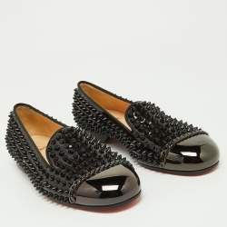 Christian Louboutin Black Patent Leather Glitz Spikes Loafers Size 38
