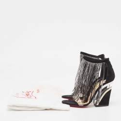 Pre Owned Christian Louboutin Black Suede Crystal Embellished Fringe Ankle Strap Sandals Size 36