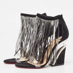 Pre Owned Christian Louboutin Black Suede Crystal Embellished Fringe Ankle Strap Sandals Size 36