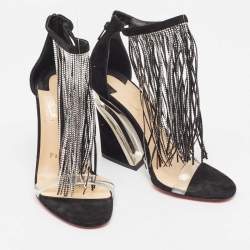 Pre Owned Christian Louboutin Black Suede Crystal Embellished Fringe Ankle Strap Sandals Size 36