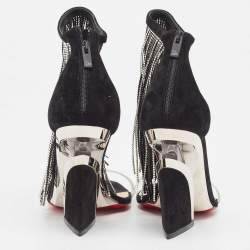 Pre Owned Christian Louboutin Black Suede Crystal Embellished Fringe Ankle Strap Sandals Size 36