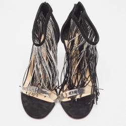 Pre Owned Christian Louboutin Black Suede Crystal Embellished Fringe Ankle Strap Sandals Size 36