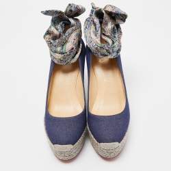 Pre Owned Christian Louboutin Blue Denim and Printed Fabric Barbaria Zeppa Ankle Tie Pumps Size 35