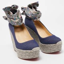 Pre Owned Christian Louboutin Blue Denim and Printed Fabric Barbaria Zeppa Ankle Tie Pumps Size 35