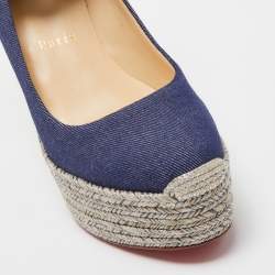 Pre Owned Christian Louboutin Blue Denim and Printed Fabric Barbaria Zeppa Ankle Tie Pumps Size 35
