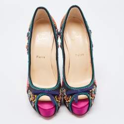 Pre Owned Christian Louboutin Multicolor Embellished Satin Bow Peep Toe Platform Pumps Size 40