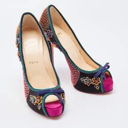 Pre Owned Christian Louboutin Multicolor Embellished Satin Bow Peep Toe Platform Pumps Size 40