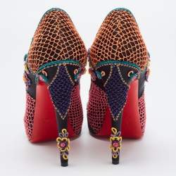 Pre Owned Christian Louboutin Multicolor Embellished Satin Bow Peep Toe Platform Pumps Size 40