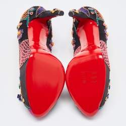 Pre Owned Christian Louboutin Multicolor Embellished Satin Bow Peep Toe Platform Pumps Size 40