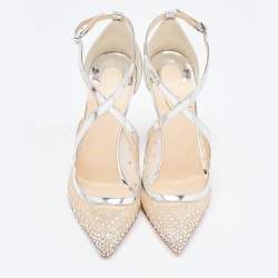 Pre Owned Christian Louboutin Silver/Beige Mesh and Leather Twistissima Pumps Size 36.5